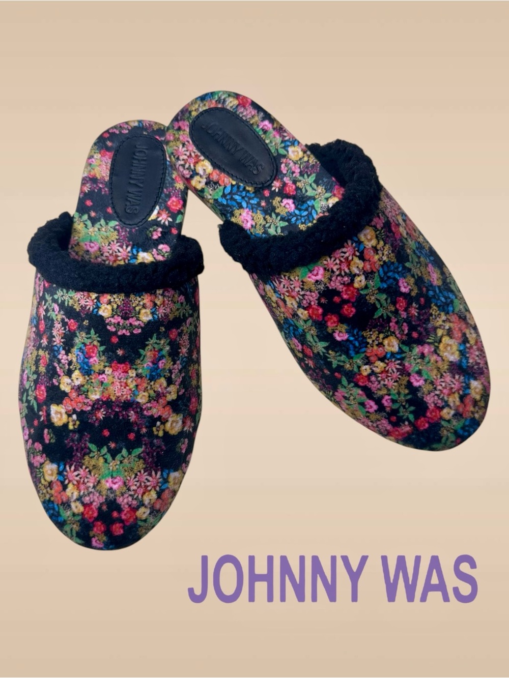 Johnny Was Floral Jacquard Sherpa Lined Slippers Black w/ Flowers Size: 8 M Boho